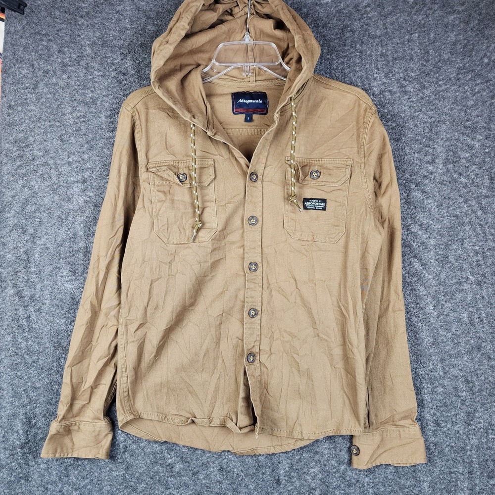 Aeropostale Hooded Button Down Shirt Womens S Tan Khaki Utility Long Sleeve